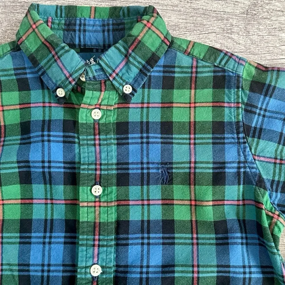 Ralph Lauren Plaid Button Up Dress Shirt Boys 5 Green Blue Cotton Long Sleeve